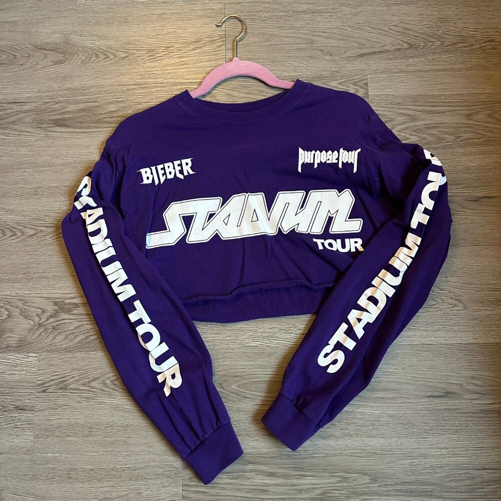 Justin Bieber Purpose Tour Crop Top Long Sleeve Shirt Team Bieber Purple Medium